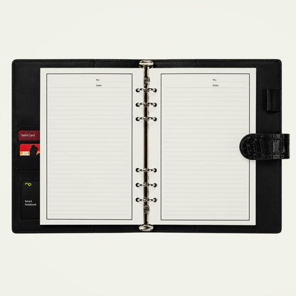 Infinote Elite Croc Limited Edition AI Planner Smart Notebook, Black Croc, open, ruled pages