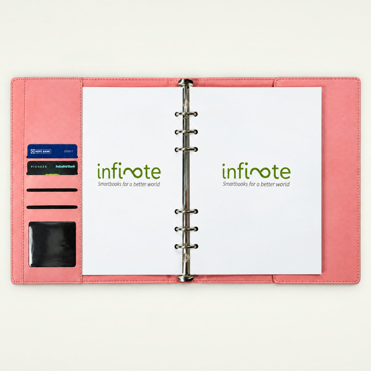Infinote Elite Series AI Planner Smart Notebook – Pink, open, inside card pockets
