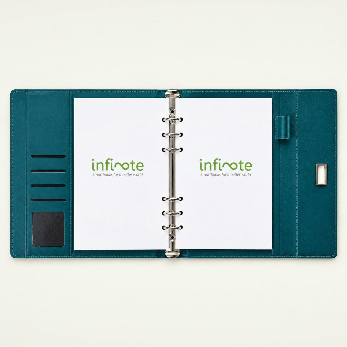 Infinote Elite Series AI Planner Smart Notebook – Turquoise, open, inside card pockets