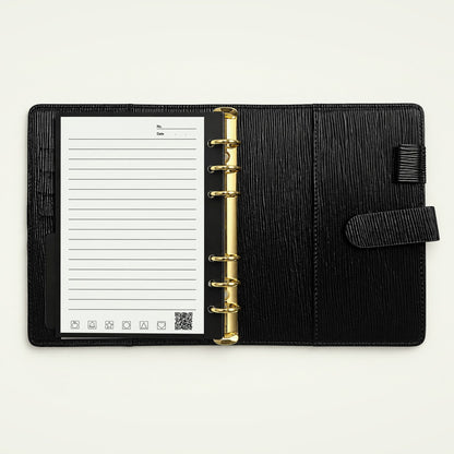 Infinote Executive Mini AI Smart Notebook – Black, open, ruled page and inner cover