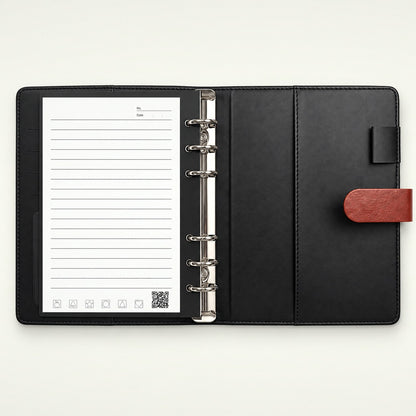 Infinote Executive Mini AI Smart Notebook – Tan Brown, open, ruled page and inner cover