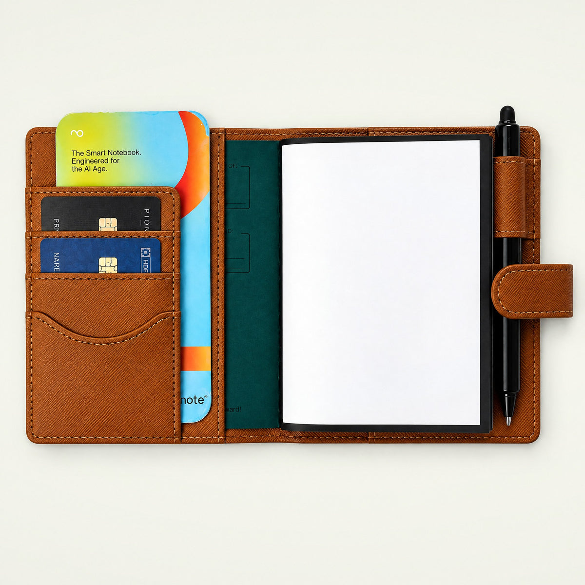 Infinote Field Journal Reusable Stone Paper AI Smart Notebook – Amber, open, cards and pen