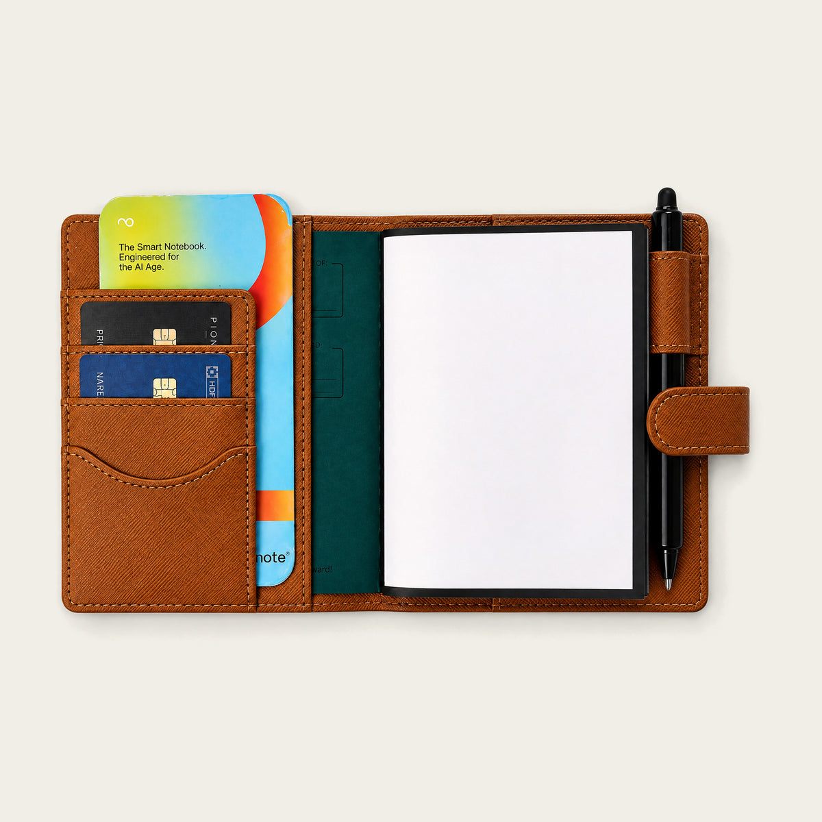 Infinote Field Journal Reusable Stone Paper AI Smart Notebook – Amber, open cards and pen