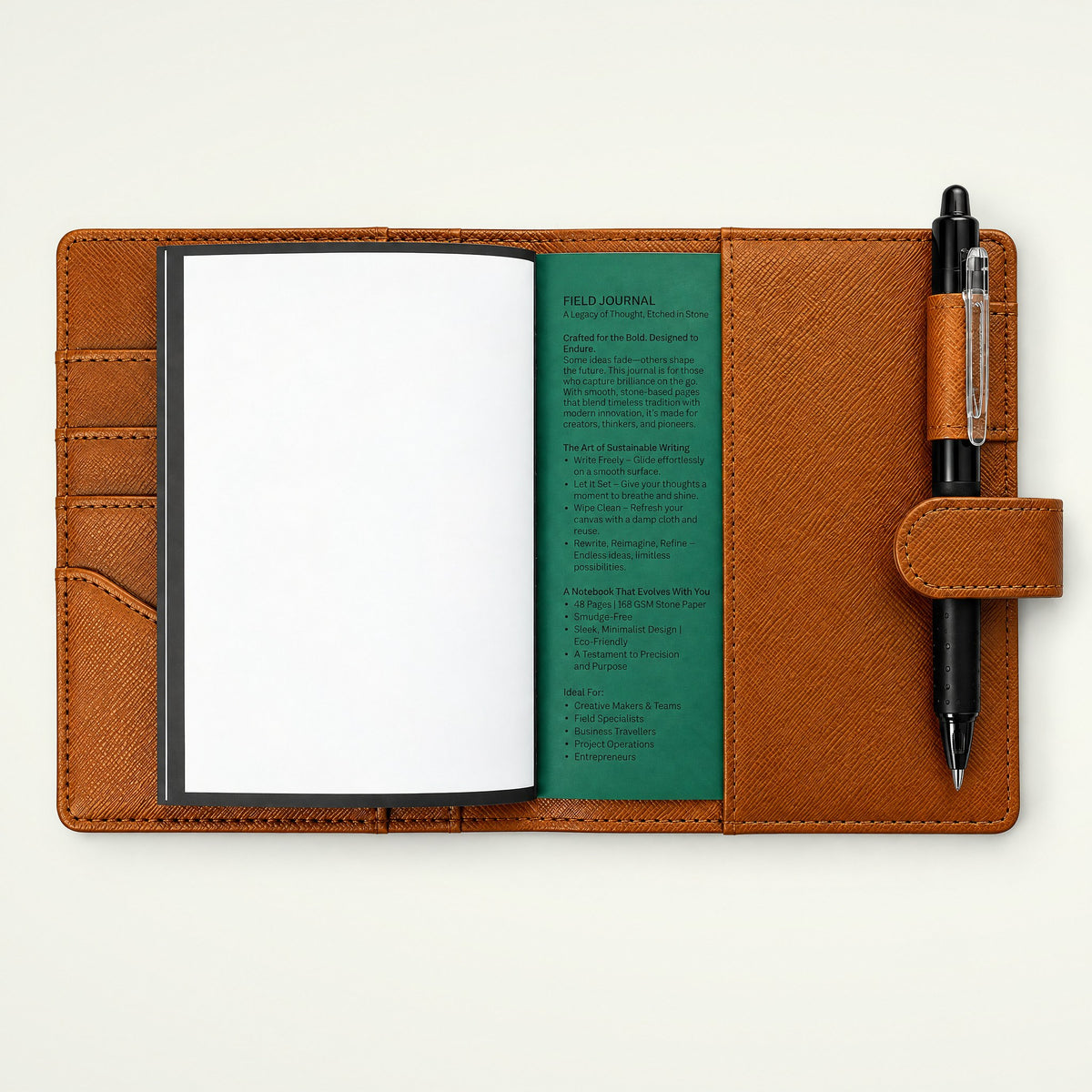 Infinote Field Journal Reusable Stone Paper AI Smart Notebook – Amber, open, with pen