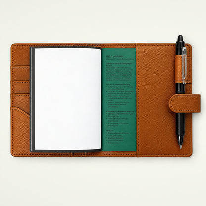 Infinote Field Journal Reusable Stone Paper AI Smart Notebook – Amber, open, with pen