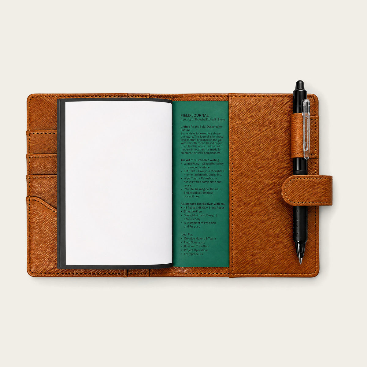 Infinote Field Journal Reusable Stone Paper AI Smart Notebook – Amber, open with pen