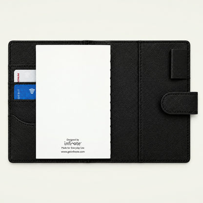 Infinote Field Journal Reusable Stone Paper AI Smart Notebook – Black, open, notebook page