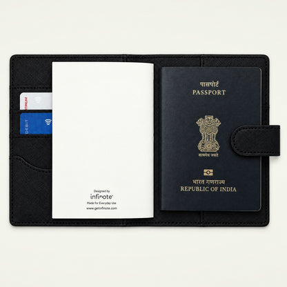 Infinote Field Journal Reusable Stone Paper AI Smart Notebook – Black, open, with passport