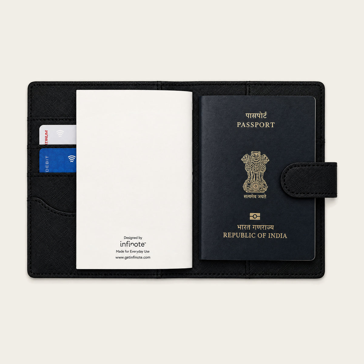 Infinote Field Journal Reusable Stone Paper AI Smart Notebook – Black, open with passport
