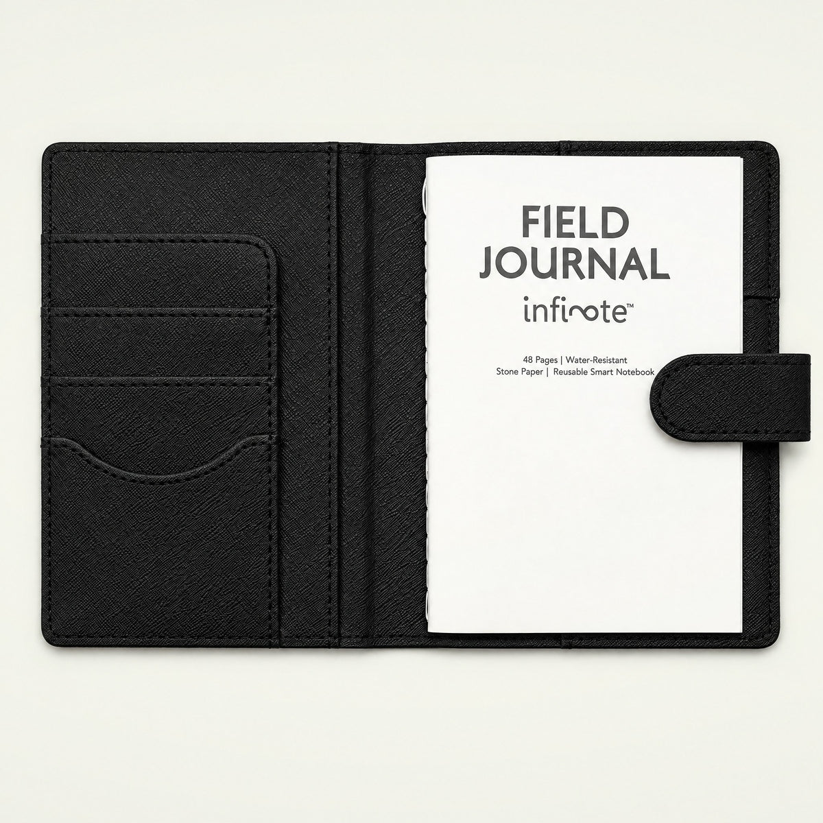 Infinote Field Journal Reusable Stone Paper AI Smart Notebook – Black, open, title page without cards