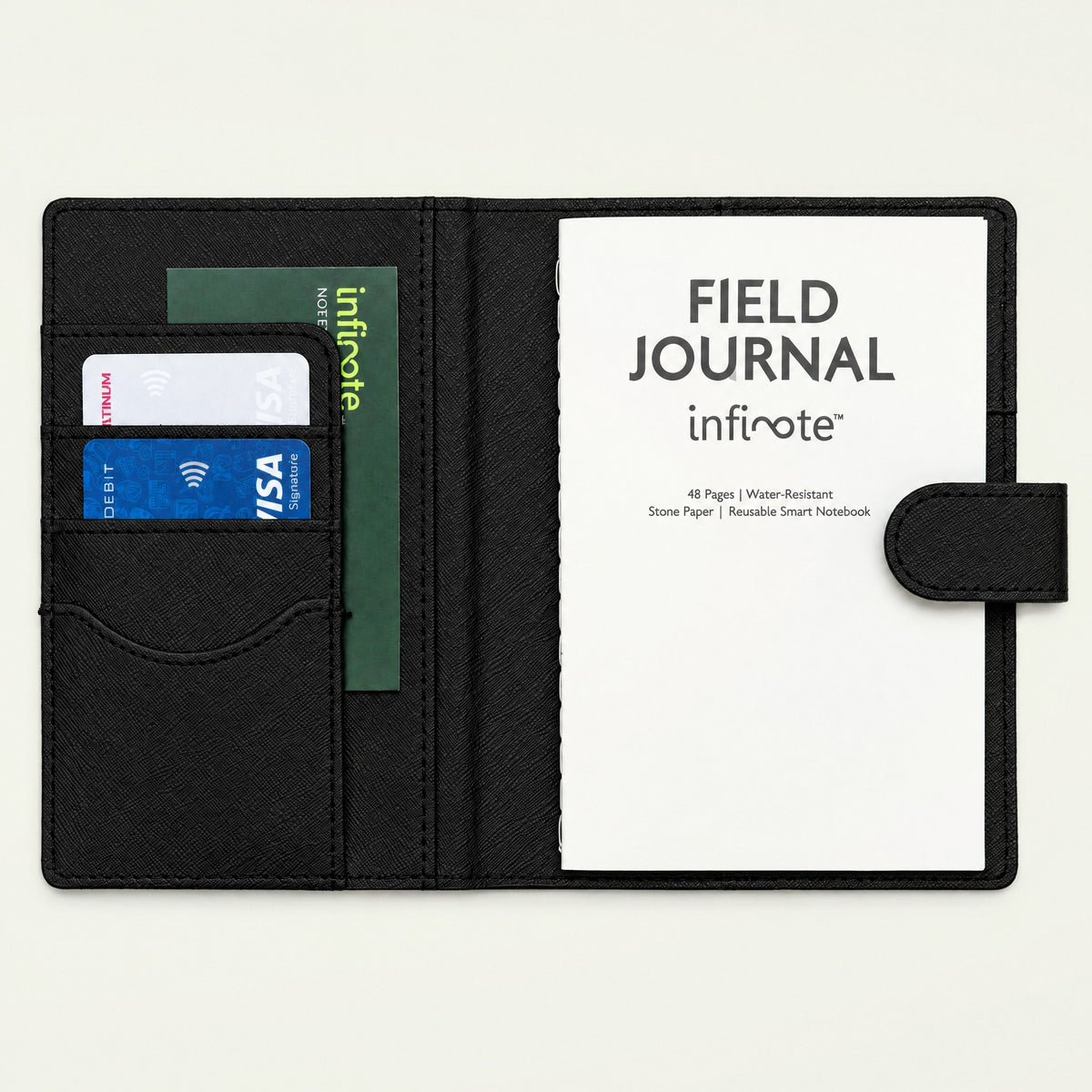 Infinote Field Journal Reusable Stone Paper AI Smart Notebook – Black, open, title page