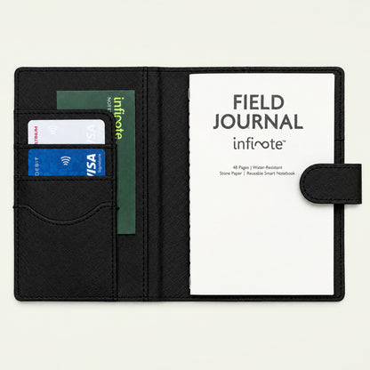Infinote Field Journal Reusable Stone Paper AI Smart Notebook – Black, open, title page