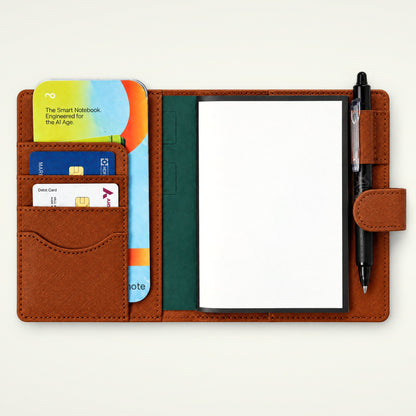 Infinote Field Journal Reusable Stone Paper AI Smart Notebook – Brown, open, cards and pen
