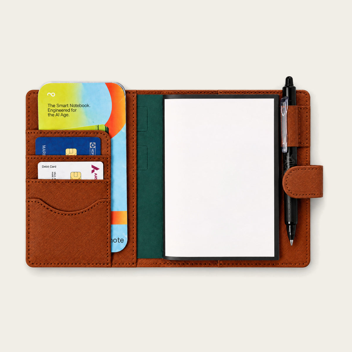 Infinote Field Journal Reusable Stone Paper AI Smart Notebook – Brown, open cards and pen