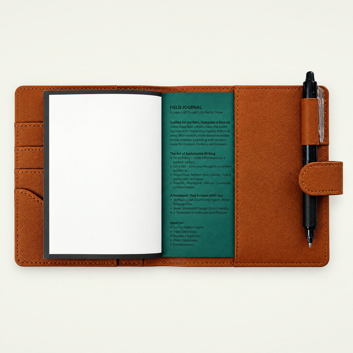 Infinote Field Journal Reusable Stone Paper AI Smart Notebook – Brown, open, with pen
