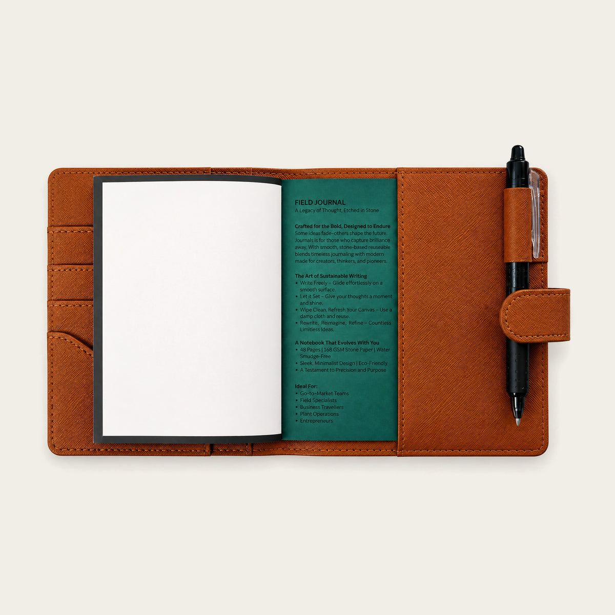 Infinote Field Journal Reusable Stone Paper AI Smart Notebook – Brown, open with pen
