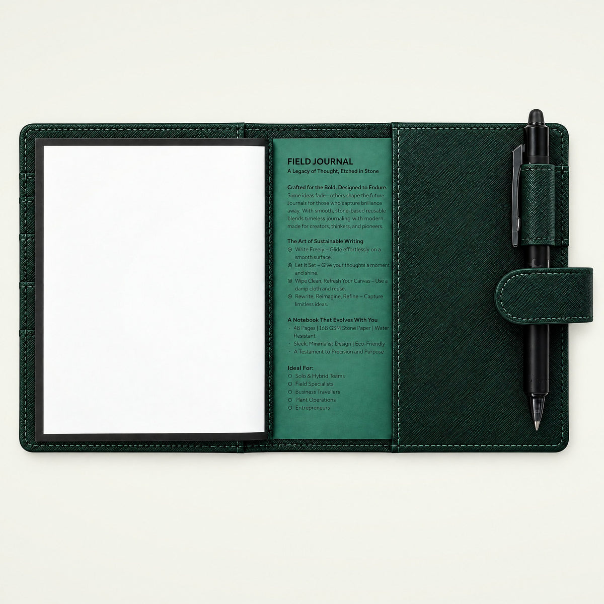 Infinote Field Journal Reusable Stone Paper AI Smart Notebook – Dark Green, open, with pen