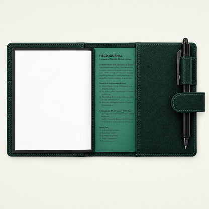 Infinote Field Journal Reusable Stone Paper AI Smart Notebook – Dark Green, open, with pen
