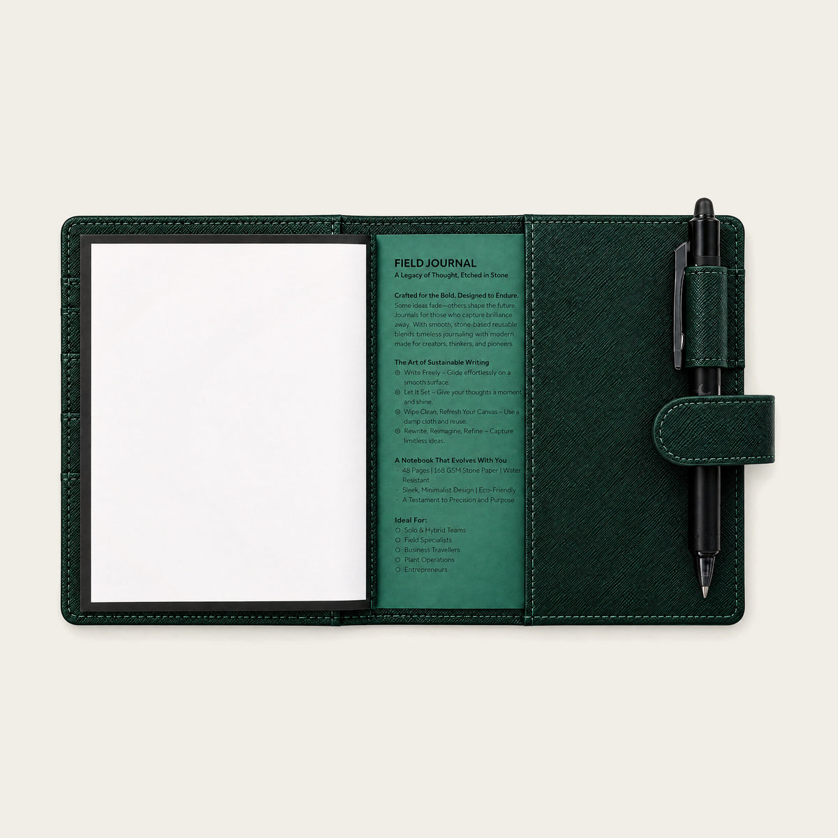 Infinote Field Journal Reusable Stone Paper AI Smart Notebook – Dark Green, open with pen