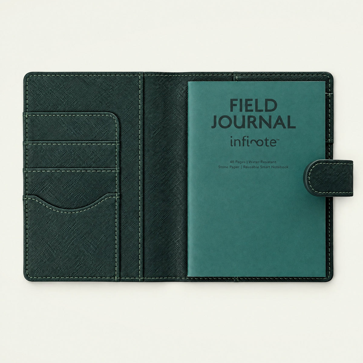 Infinote Field Journal Reusable Stone Paper AI Smart Notebook – Dark Green, open, title page without cards