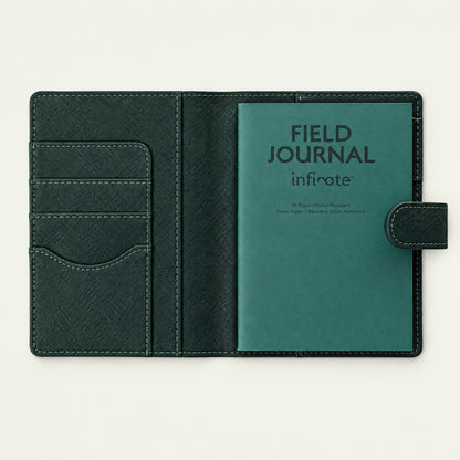 Infinote Field Journal Reusable Stone Paper AI Smart Notebook – Dark Green, open, title page without cards