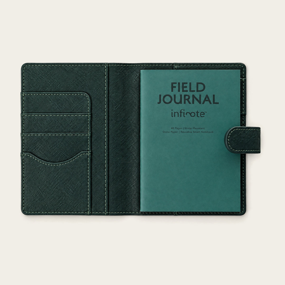 Infinote Field Journal Reusable Stone Paper AI Smart Notebook – Dark Green, title page no cards