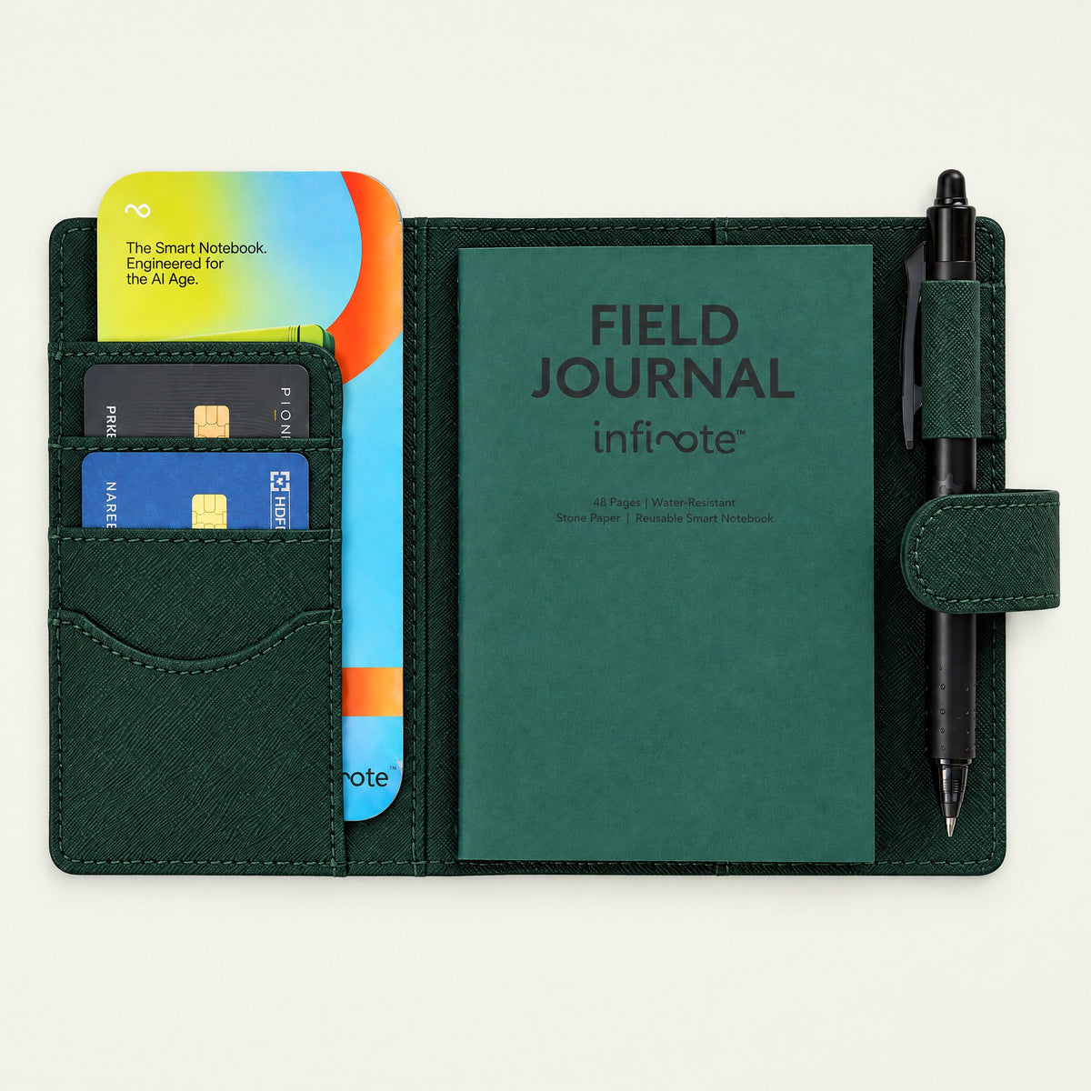 Infinote Field Journal Reusable Stone Paper AI Smart Notebook – Dark Green, open, title page