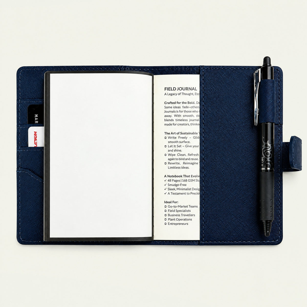 Infinote Field Journal Reusable Stone Paper AI Smart Notebook – Navy Blue, open, with pen