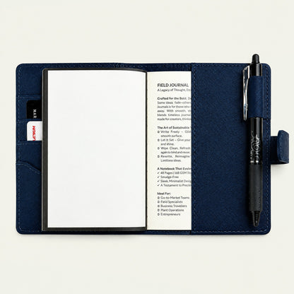 Infinote Field Journal Reusable Stone Paper AI Smart Notebook – Navy Blue, open, with pen
