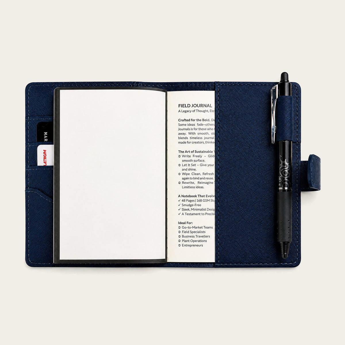 Infinote Field Journal Reusable Stone Paper AI Smart Notebook – Navy Blue, open with pen