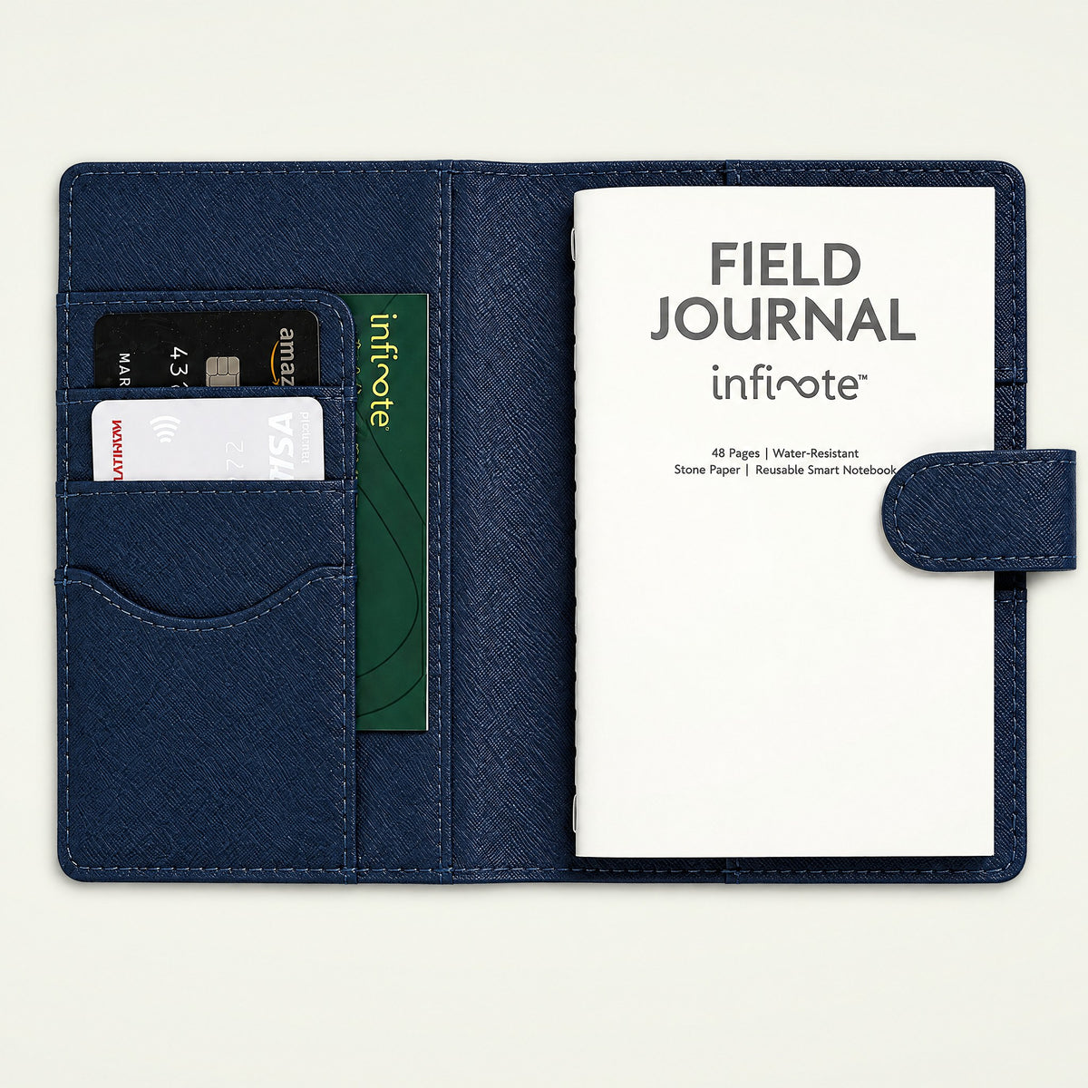 Infinote Field Journal Reusable Stone Paper AI Smart Notebook – Navy Blue, open, title page without cards