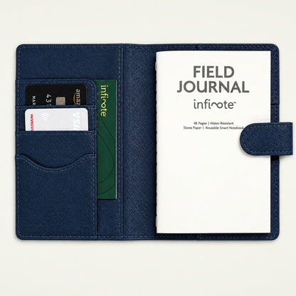 Infinote Field Journal Reusable Stone Paper AI Smart Notebook – Navy Blue, open, title page without cards