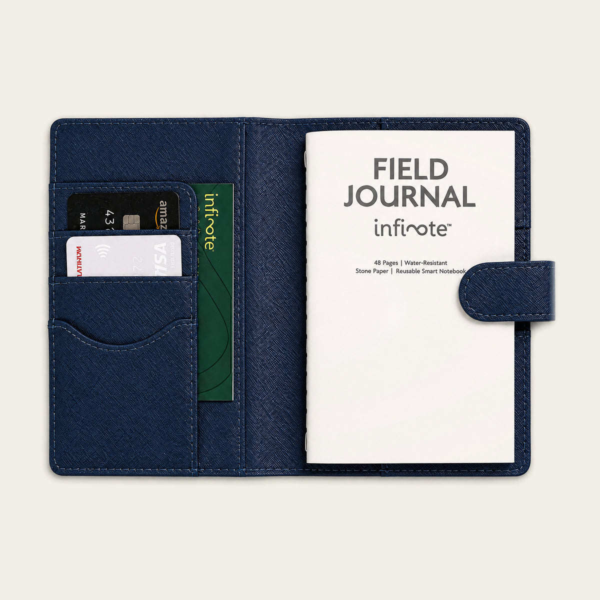 Infinote Field Journal Reusable Stone Paper AI Smart Notebook – Navy Blue, title page no cards