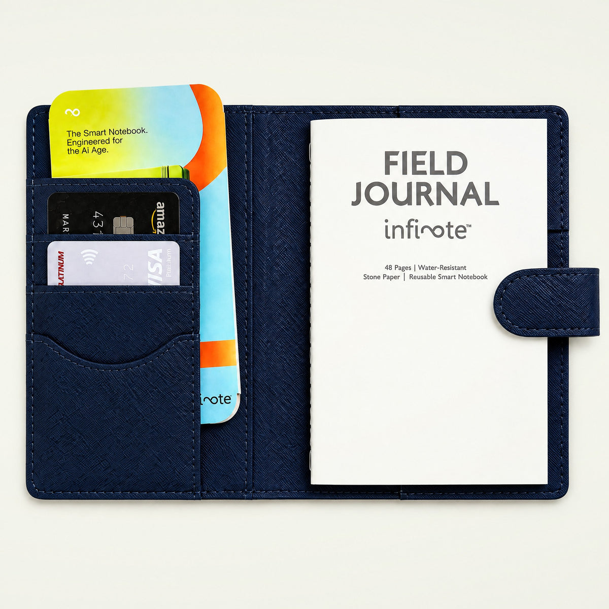 Infinote Field Journal Reusable Stone Paper AI Smart Notebook – Navy Blue, open, title page