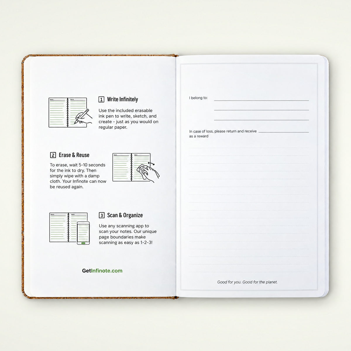 Infinote Nature Series Natural Cork AI Smart Notebook – Chestnut Band, instructions page