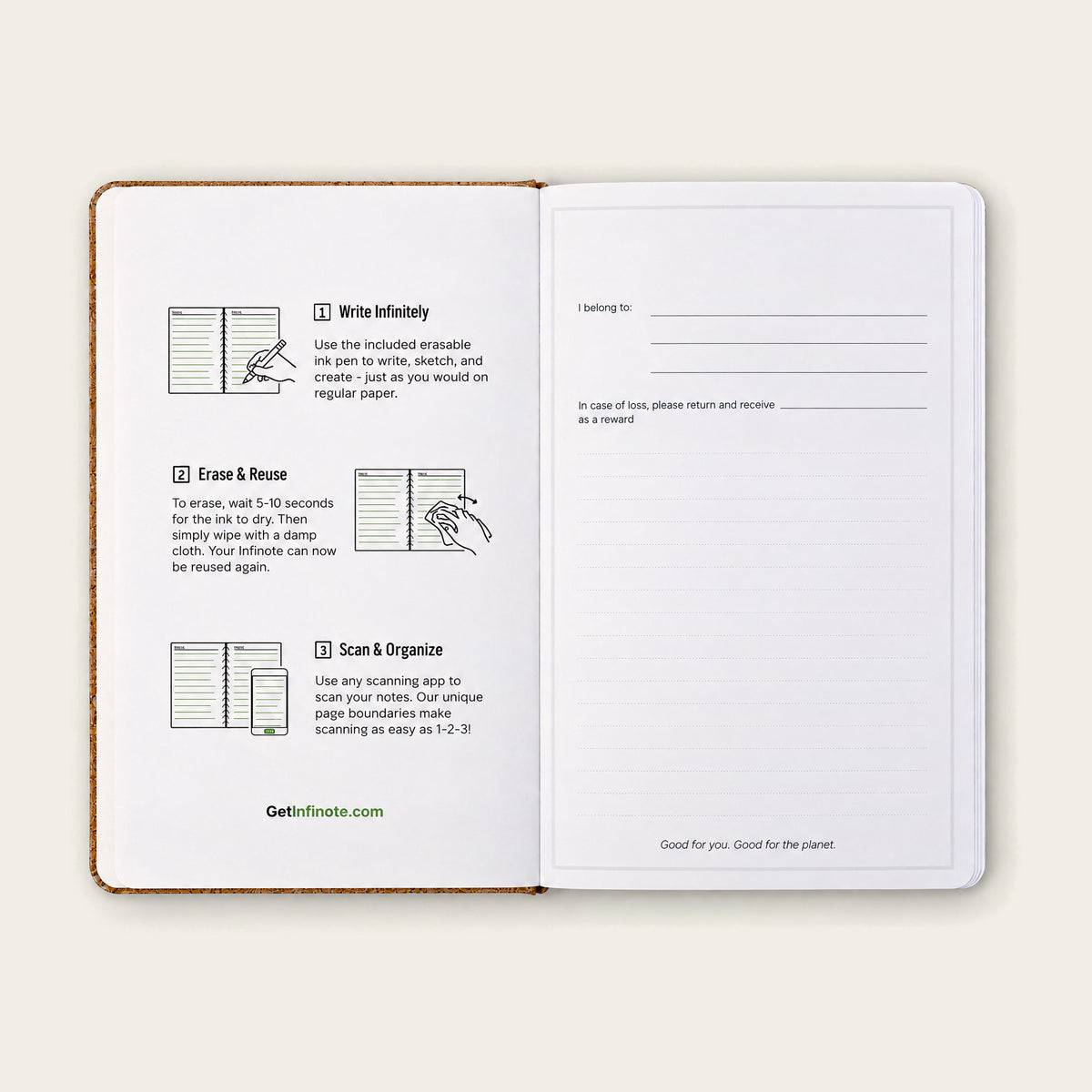 Infinote Nature Series Natural Cork AI Smart Notebook – Chestnut Band, instructions page