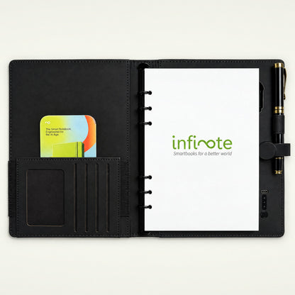 Infinote Pulse AI Power Planner – Black, open, branding page with card and pen