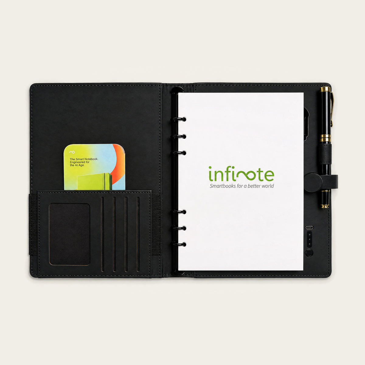 Infinote Pulse AI Power Planner – Black, branding page with card and pen