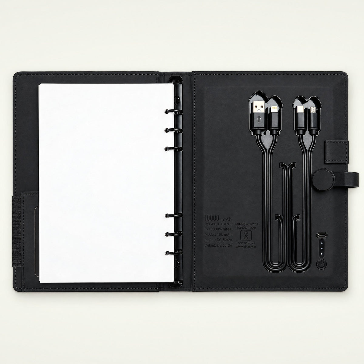 Infinote Pulse AI Power Planner – Black, open, inside pocket with cables