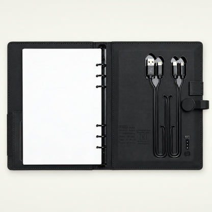Infinote Pulse AI Power Planner – Black, open, inside pocket with cables