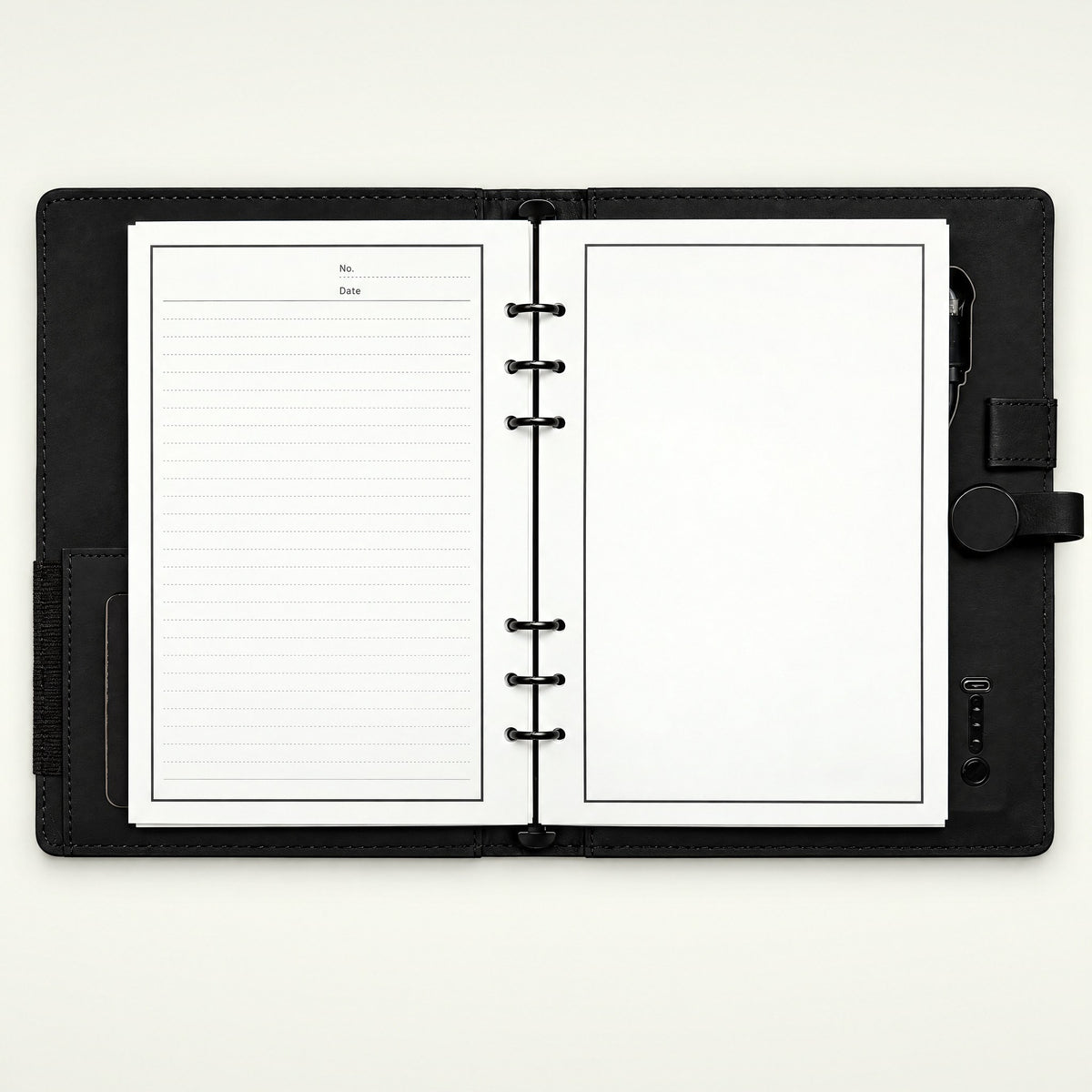 Infinote Pulse AI Power Planner – Black, open, ruled and blank pages
