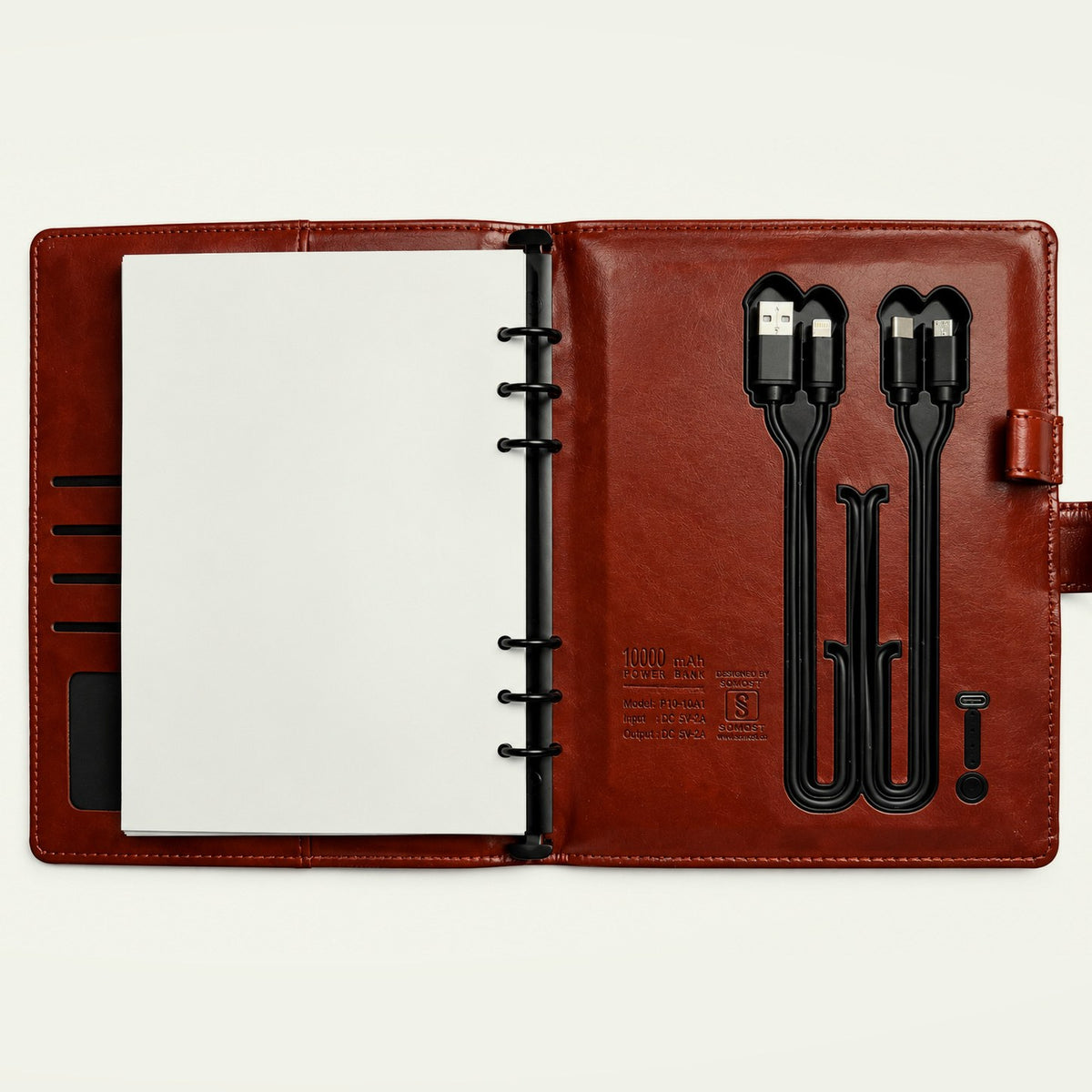 Infinote Pulse AI Power Planner – Brown, open, inside pocket with cables