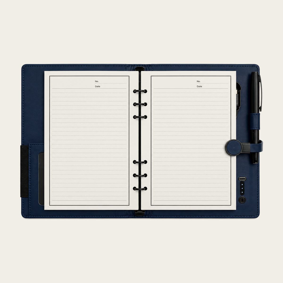 Infinote Pulse AI Power Planner – Navy Blue, open ruled pages
