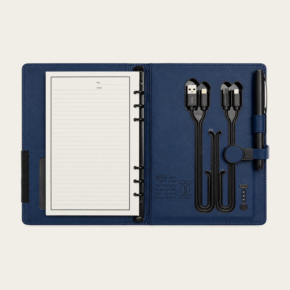 Infinote Pulse AI Power Planner – Navy Blue, open with cables