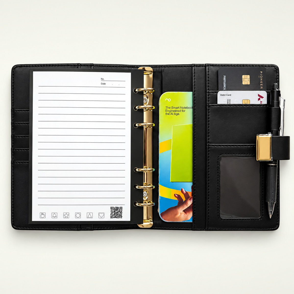 Infinote Secure Series AI Smart Notebook – Constellation, open, ruled page with pen