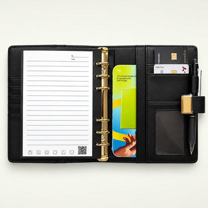 Infinote Secure Series AI Smart Notebook – Constellation, open, ruled page with pen