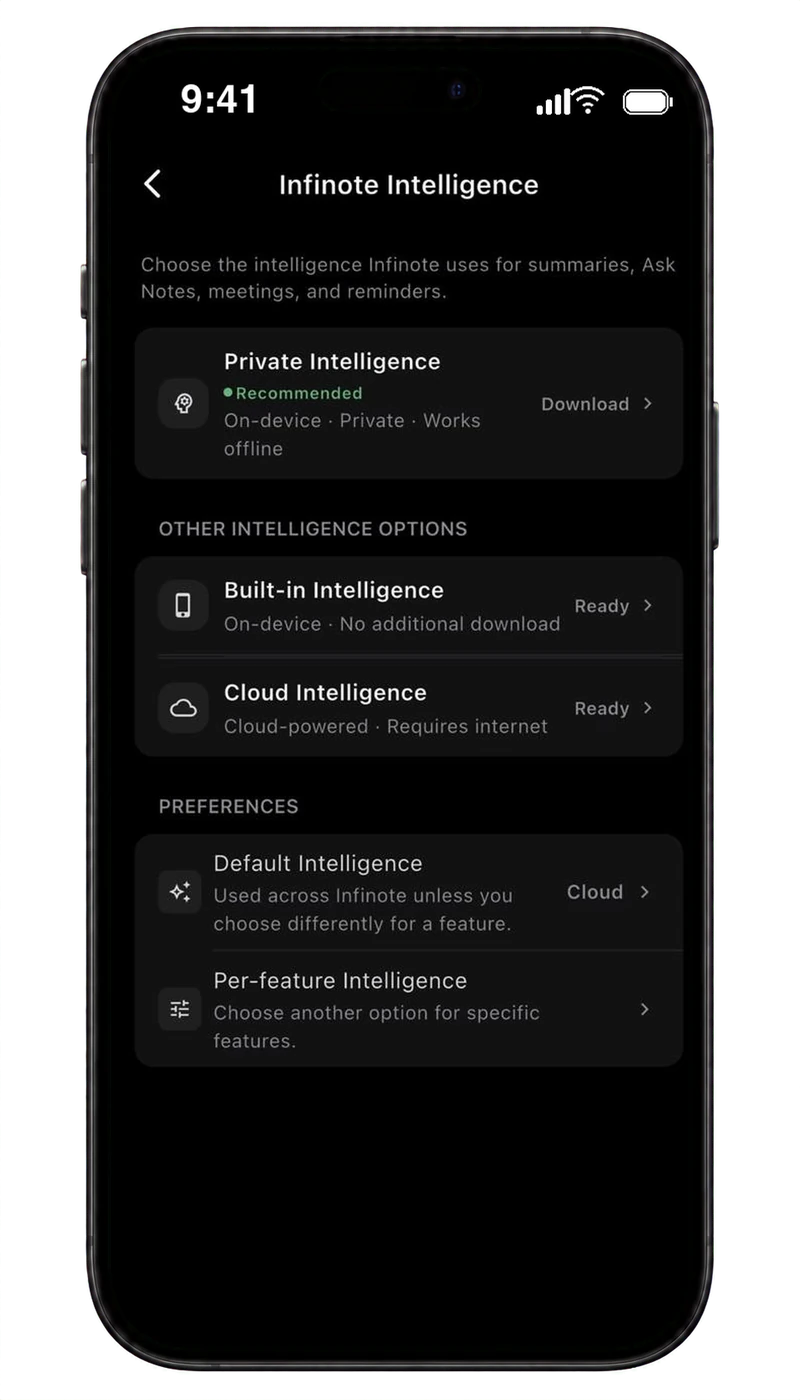Infinote Intelligence with Private, Built-in and Cloud options