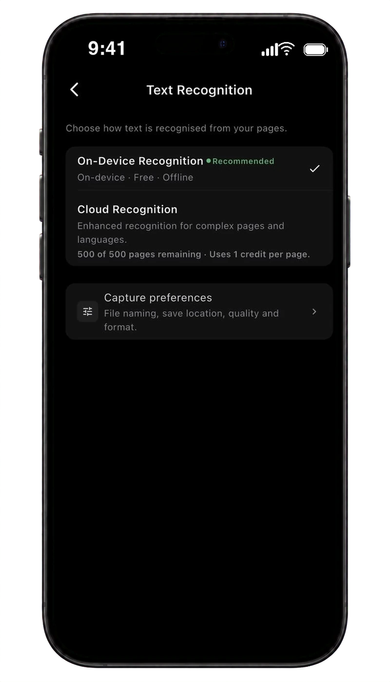 Infinote Text Recognition with On-Device and Cloud options