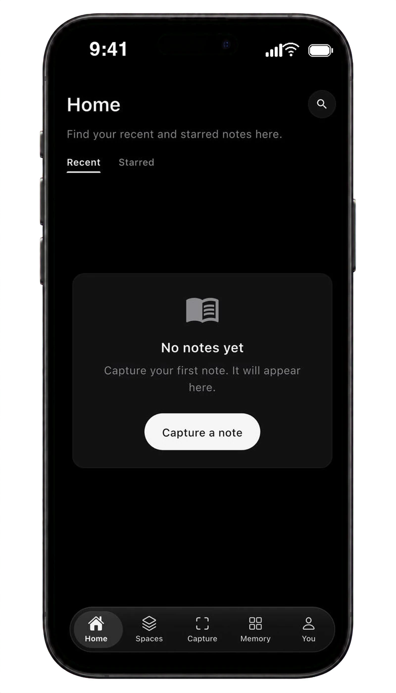 Infinote Home with Recent, Starred and Capture a note